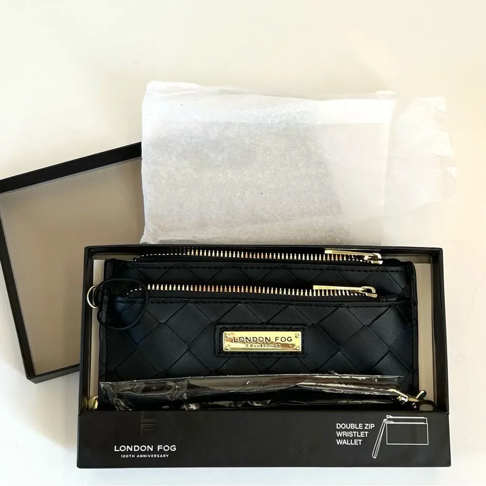 London Fog 100th Anniversary Faux Leather Weaved Textured Black Wristlet Wallet